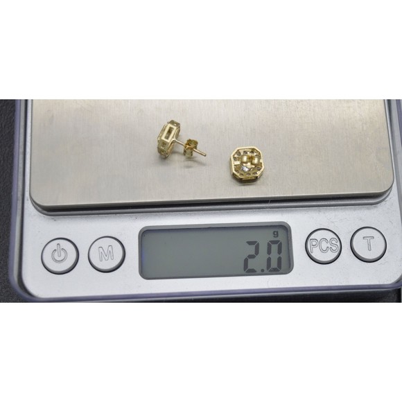 Real 10K Solid Yellow Gold 8.8mm Mens Micro CZ Asscher Cut Stud Earrings 2.0gr - Picture 4 of 6